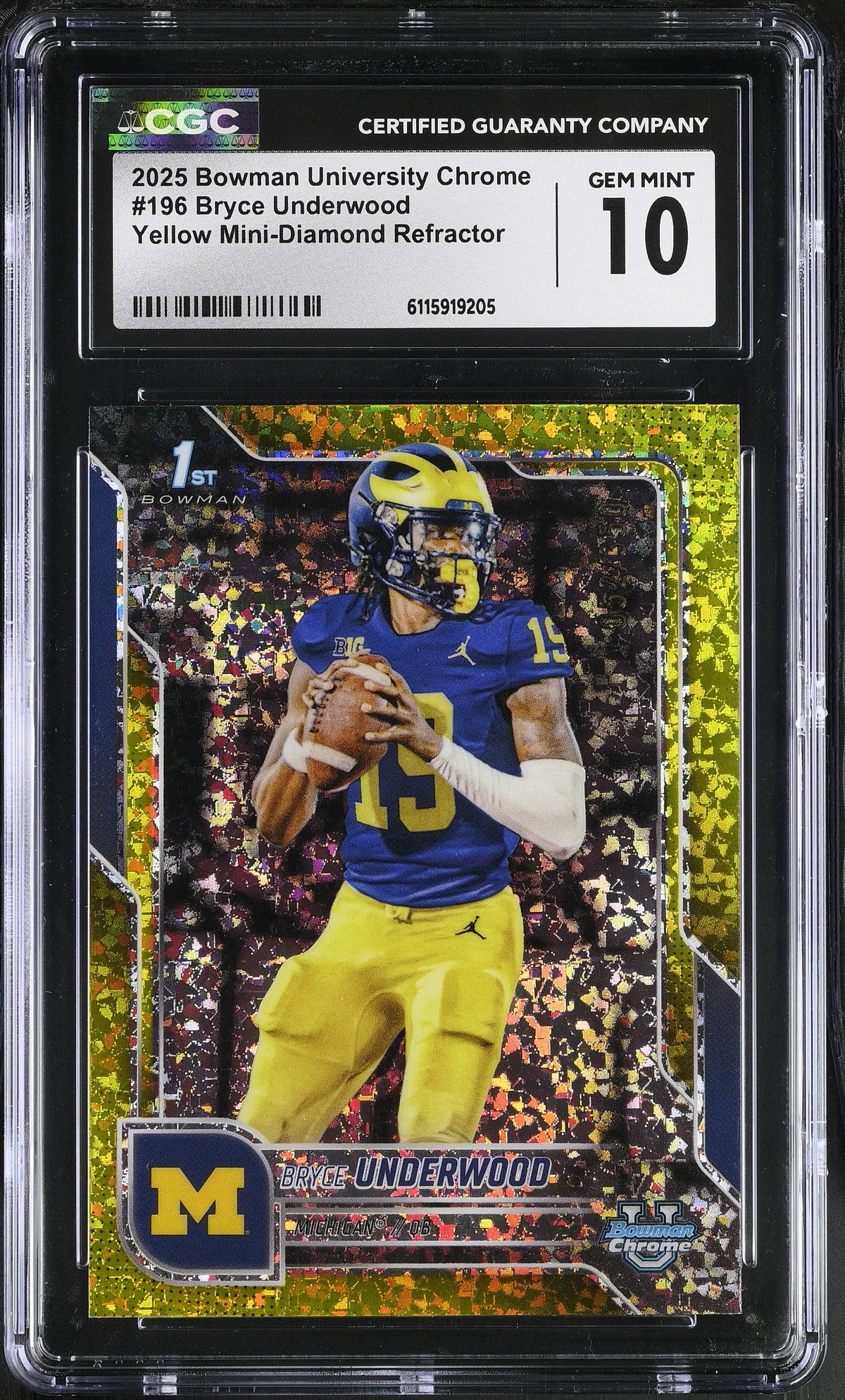 Bryce Underwood Yellow Mini-Diamond Refractor 52/350 2025 University Chrome #196 CGC 10