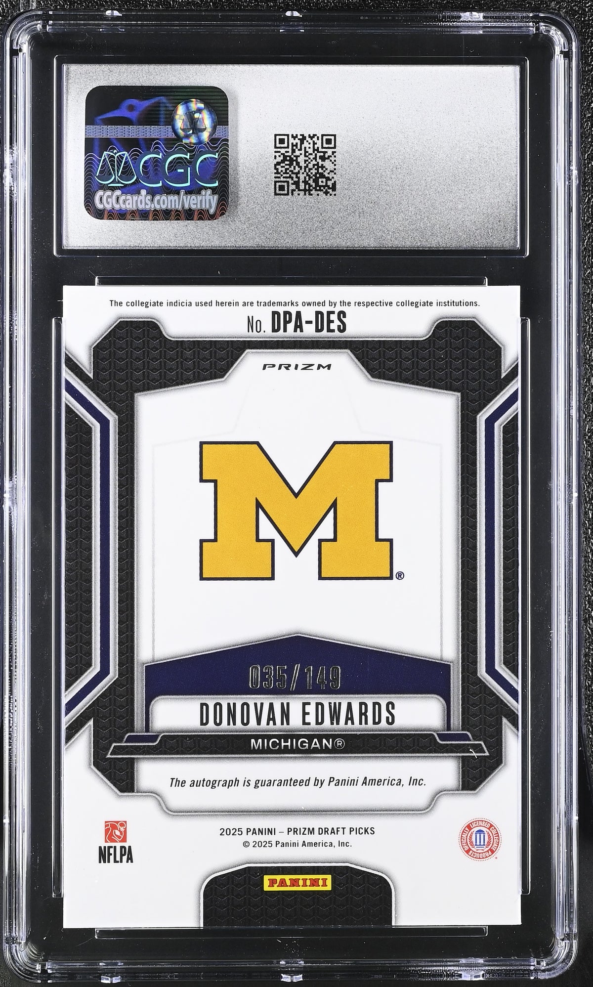 Donovan Edwards Blue Ice 35/149 2025 Prizm Draft Picks Draft Picks Autographs #DPA-DES CGC 9 Auto 10-2