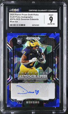 Donovan Edwards Blue Ice 35/149 2025 Prizm Draft Picks Draft Picks Autographs #DPA-DES CGC 9 Auto 10-1