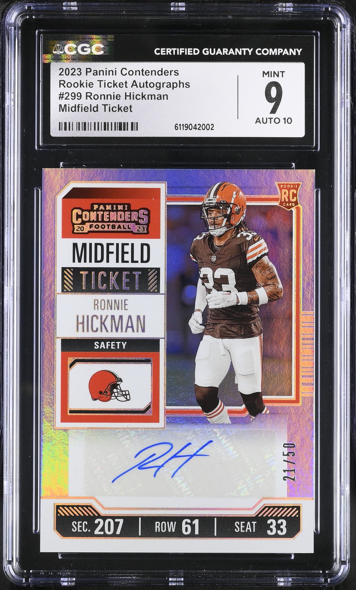 Ronnie Hickman Midfield Ticket 21/50 2023 Contenders Rookie Ticket Autographs #299 CGC 9 Auto 10