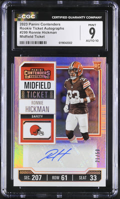 Ronnie Hickman Midfield Ticket 21/50 2023 Contenders Rookie Ticket Autographs #299 CGC 9 Auto 10-1