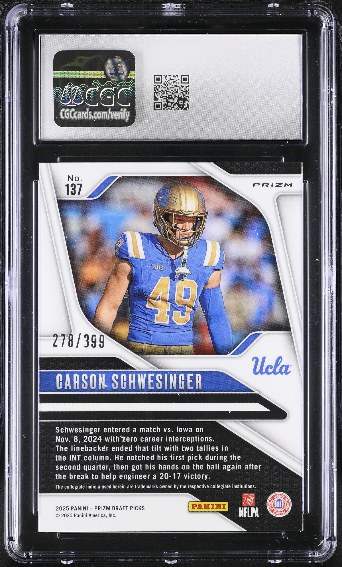 Carson Schwesinger Red 278/399 2025 Prizm Draft Picks #137 CGC 9.5-2