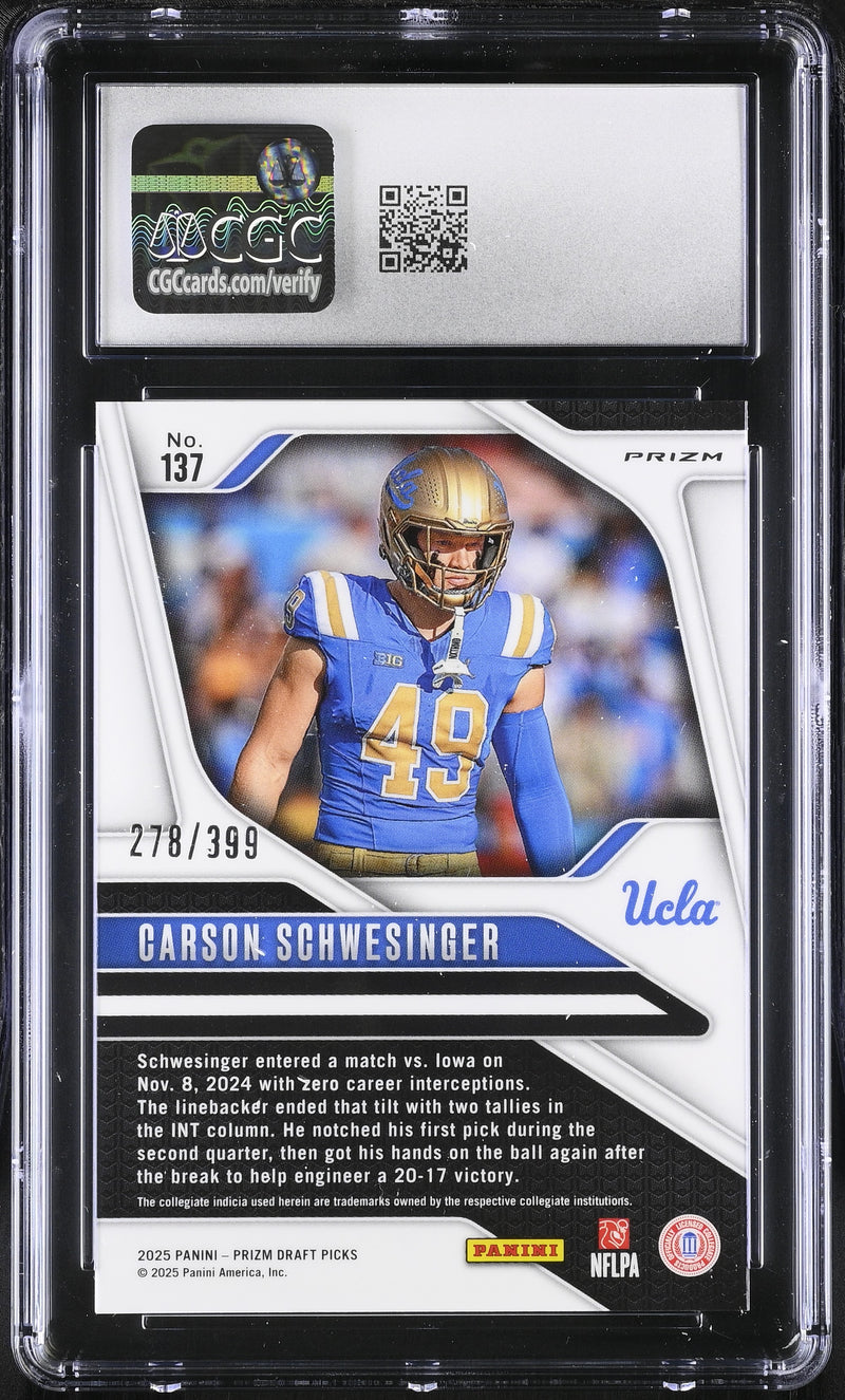 Carson Schwesinger Red 278/399 2025 Prizm Draft Picks #137 CGC 9.5-2