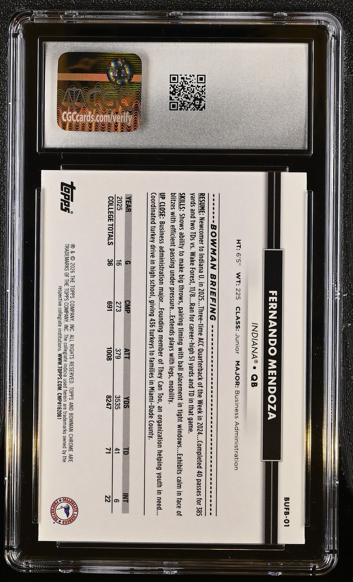 Fernando Mendoza 2026 The National Chrome Bowman U Football #BUFB-01 CGC 10-2