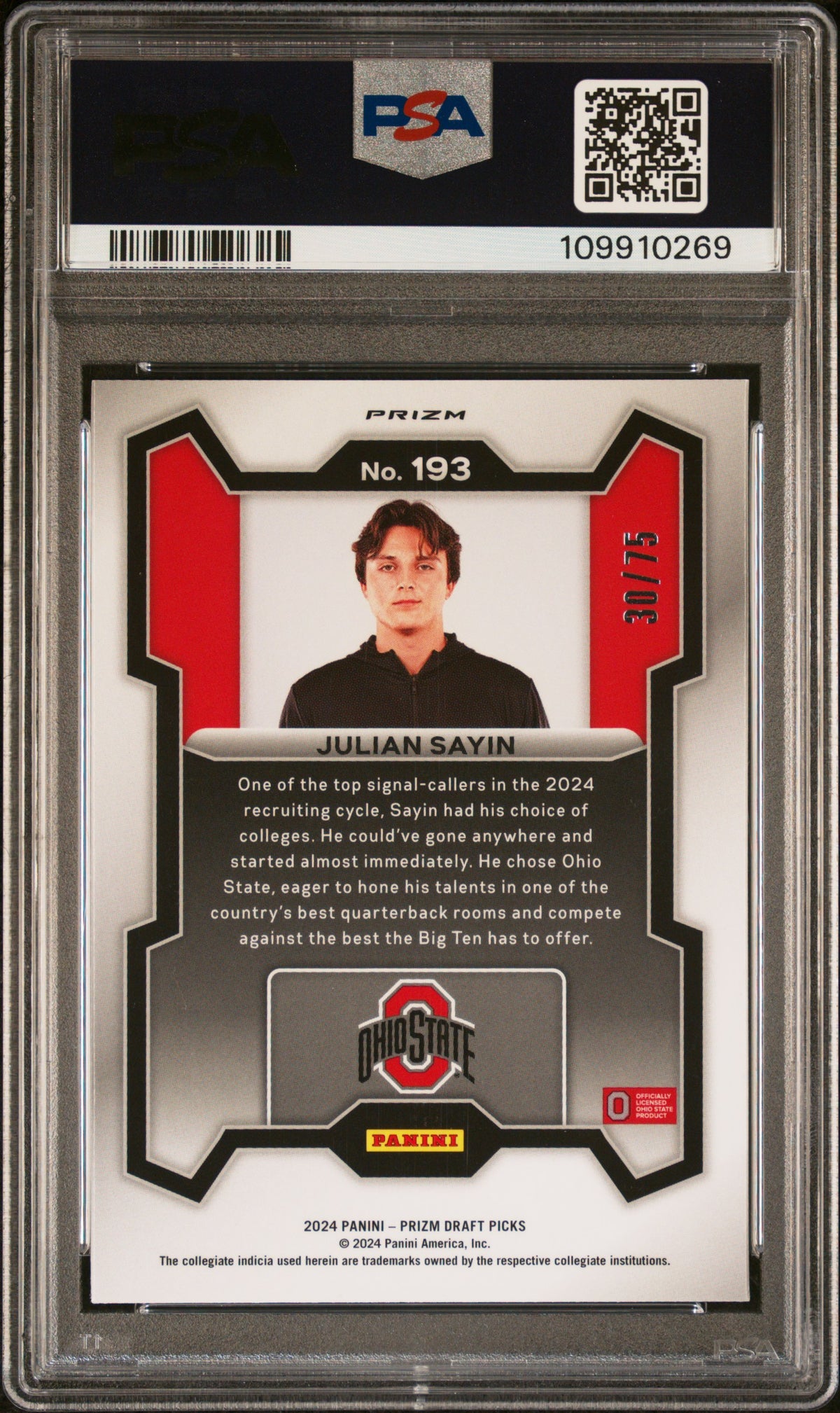Julian Sayin 2024 Panini Prizm Draft Picks Purple Prizm 30/75 #193 PSA 10