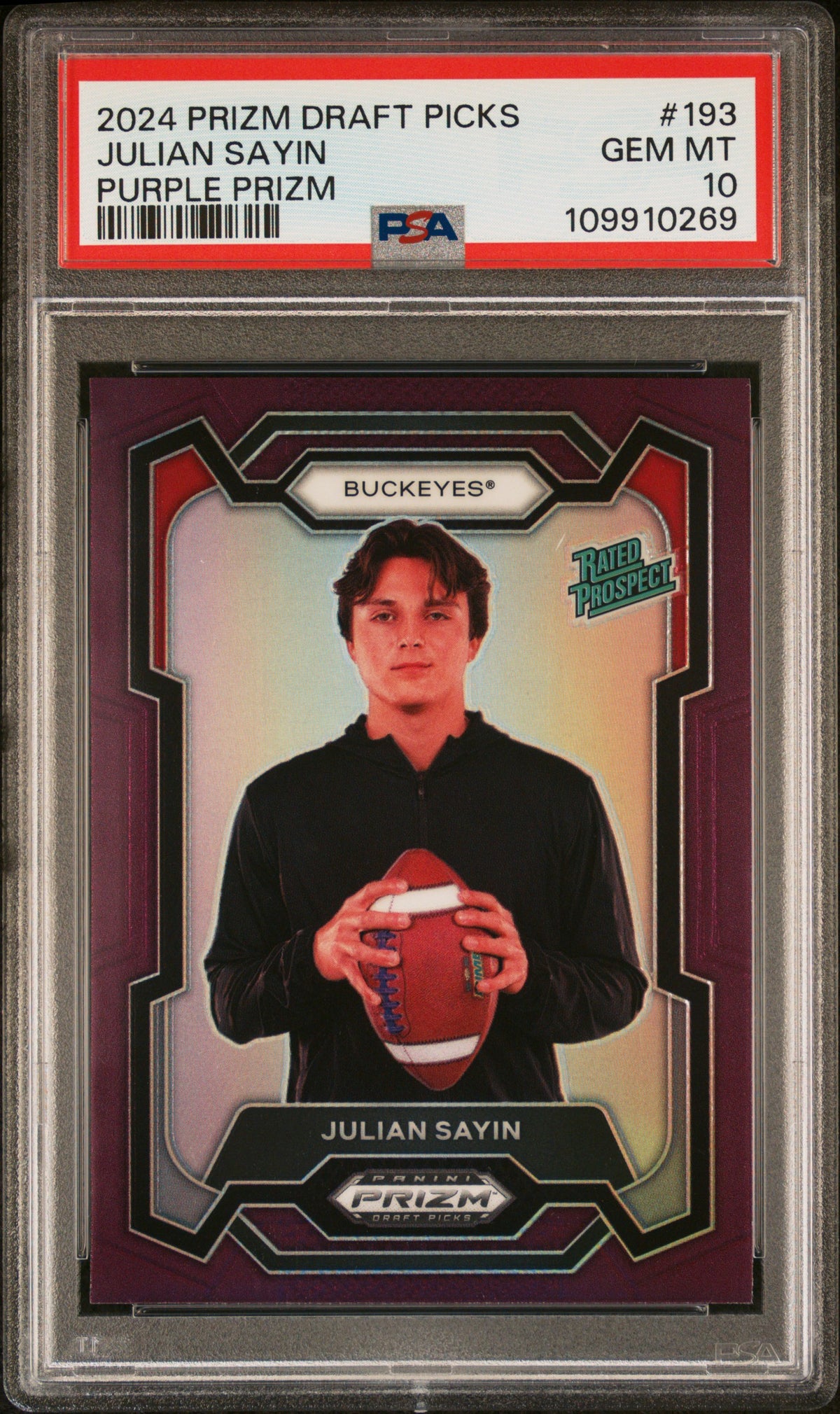 Julian Sayin 2024 Panini Prizm Draft Picks Purple Prizm 30/75 #193 PSA 10