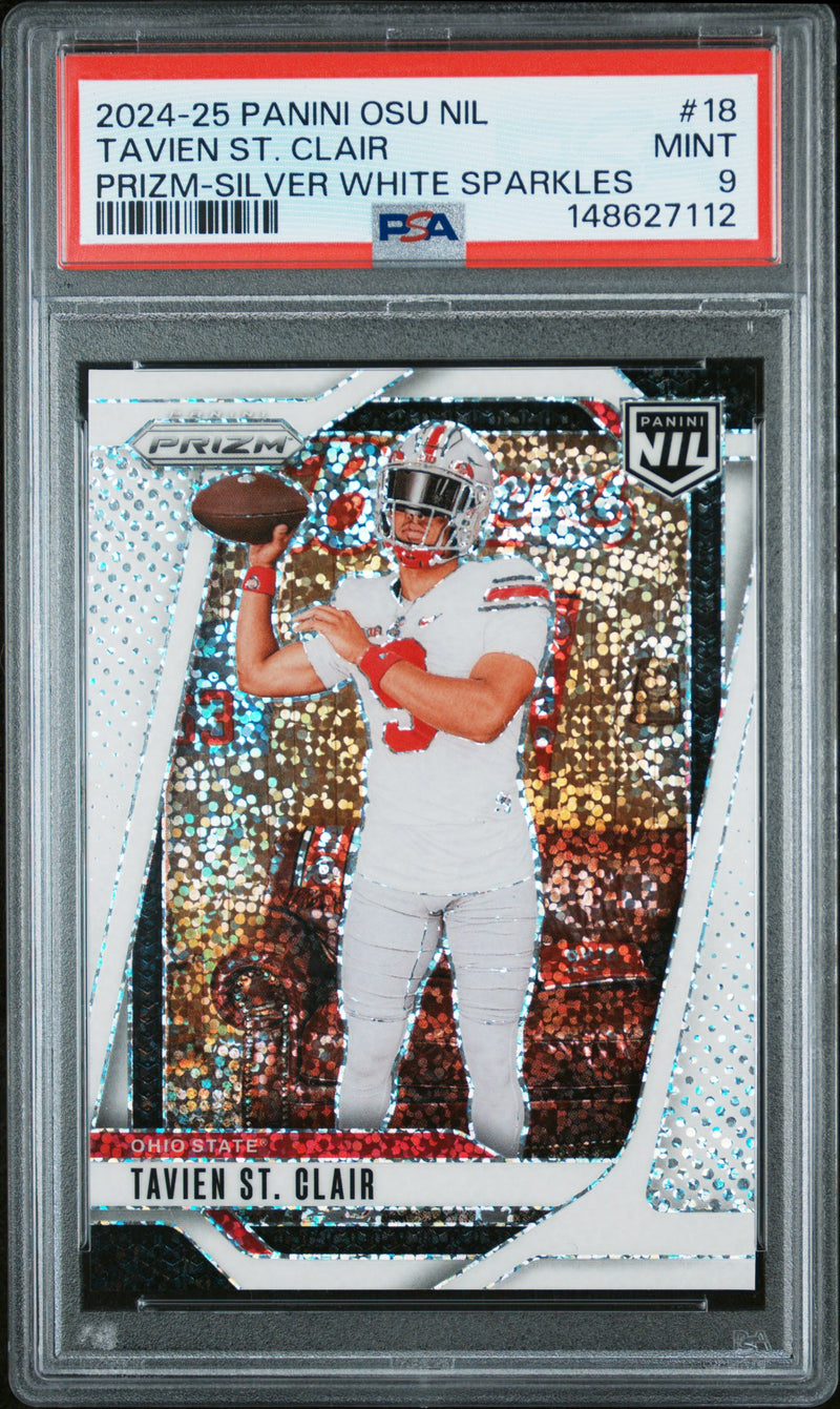Tavien St. Clair 2024 Panini The Ohio State University Nil Prizm Prizm-Silver White Sparkles #18 PSA 9-1