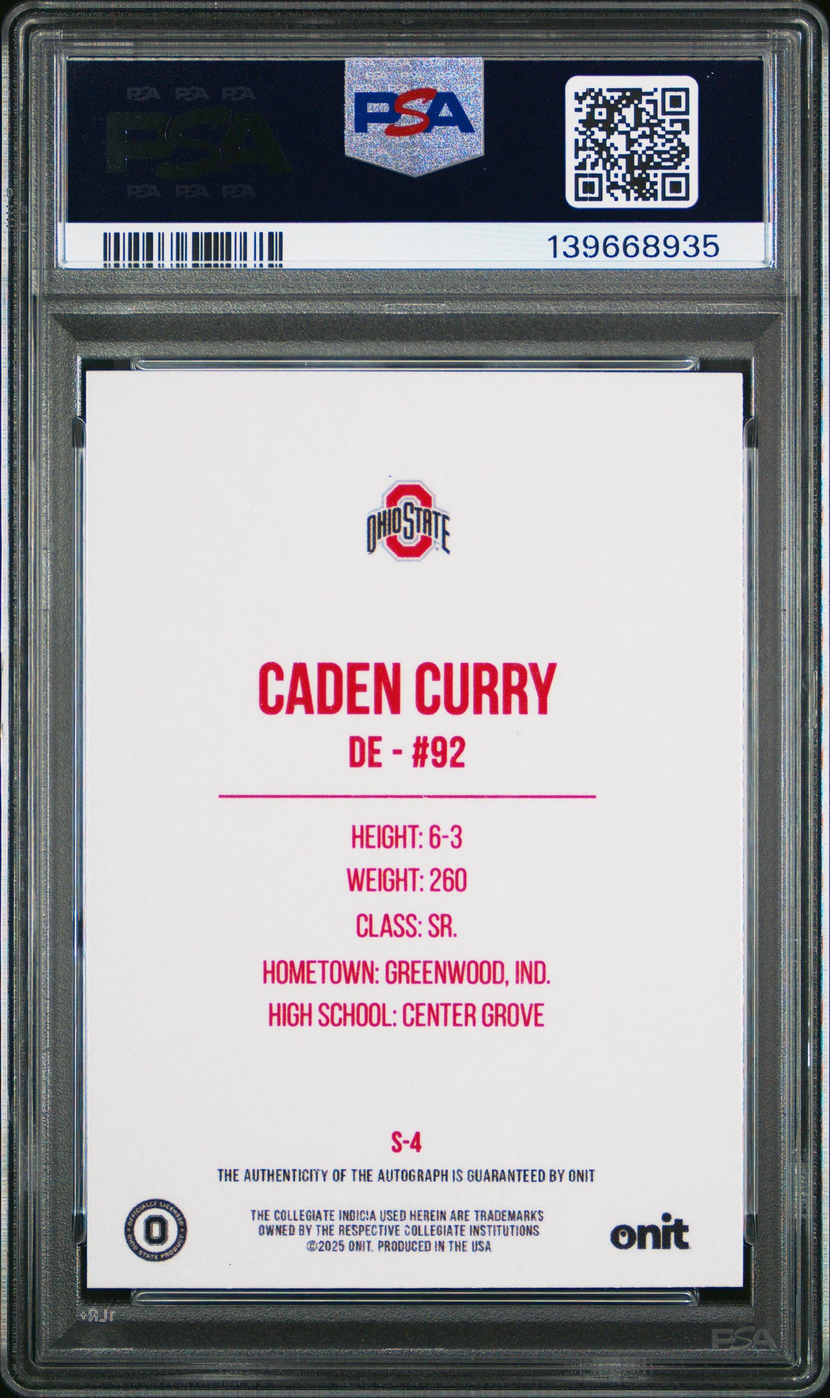 Caden Curry 2025 Onit Ohio State University Signatures #S-4 PSA 9-2