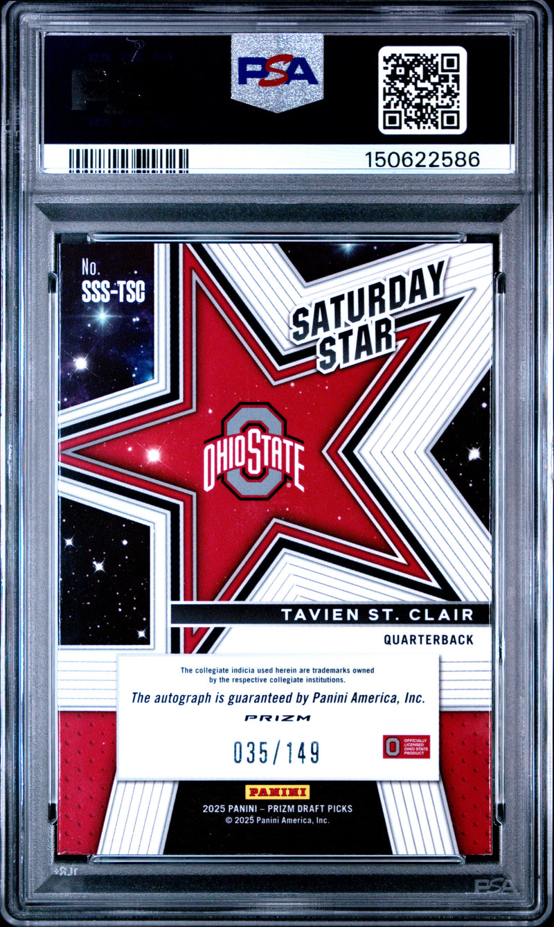 Tavien St. Clair 2025 Panini Prizm Draft Picks Saturday Star Signatures Saturday Star Sig-Blue Ice 35/149 #SSS-TSC PSA 8-2