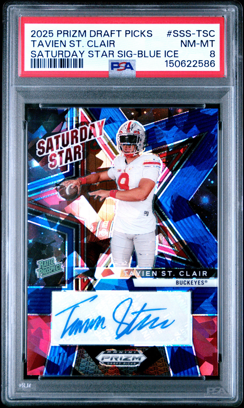 Tavien St. Clair 2025 Panini Prizm Draft Picks Saturday Star Signatures Saturday Star Sig-Blue Ice 35/149 #SSS-TSC PSA 8-1