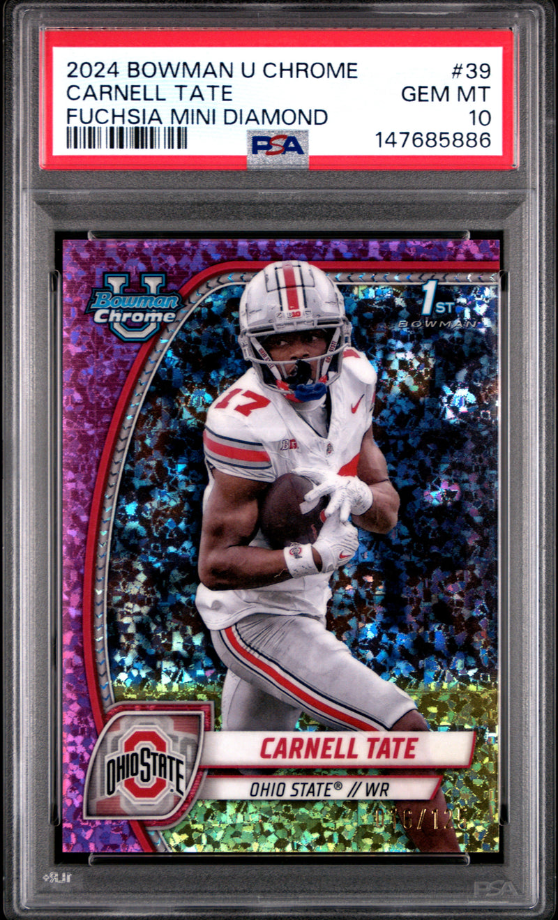 Carnell Tate 2024 Bowman University Chrome Fuchsia Mini Diamond 16/125 #39 PSA 10-1