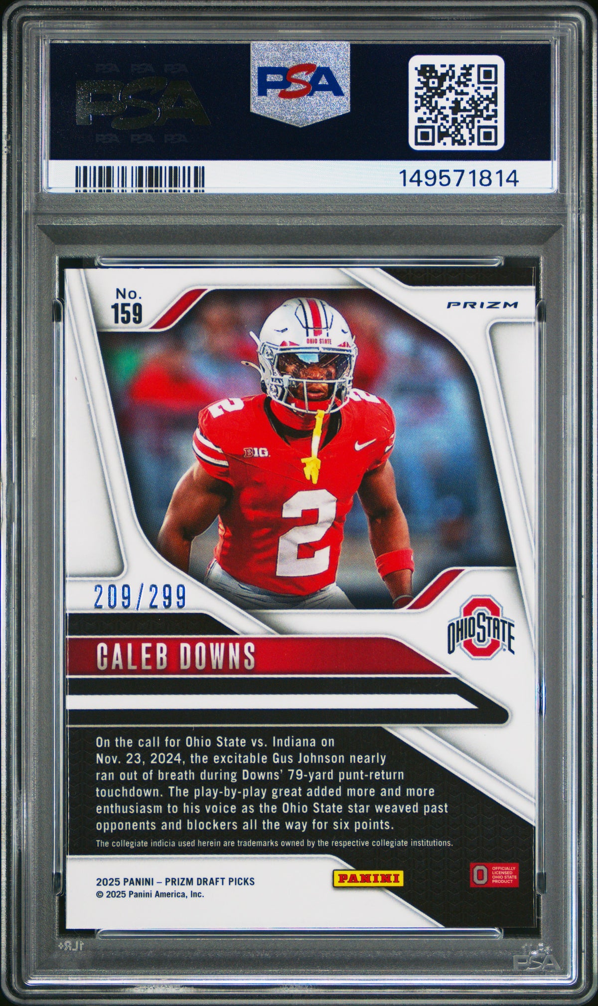 Caleb Downs 2025 Panini Prizm Draft Picks Blue Wave 209/299 #159 PSA 10-2