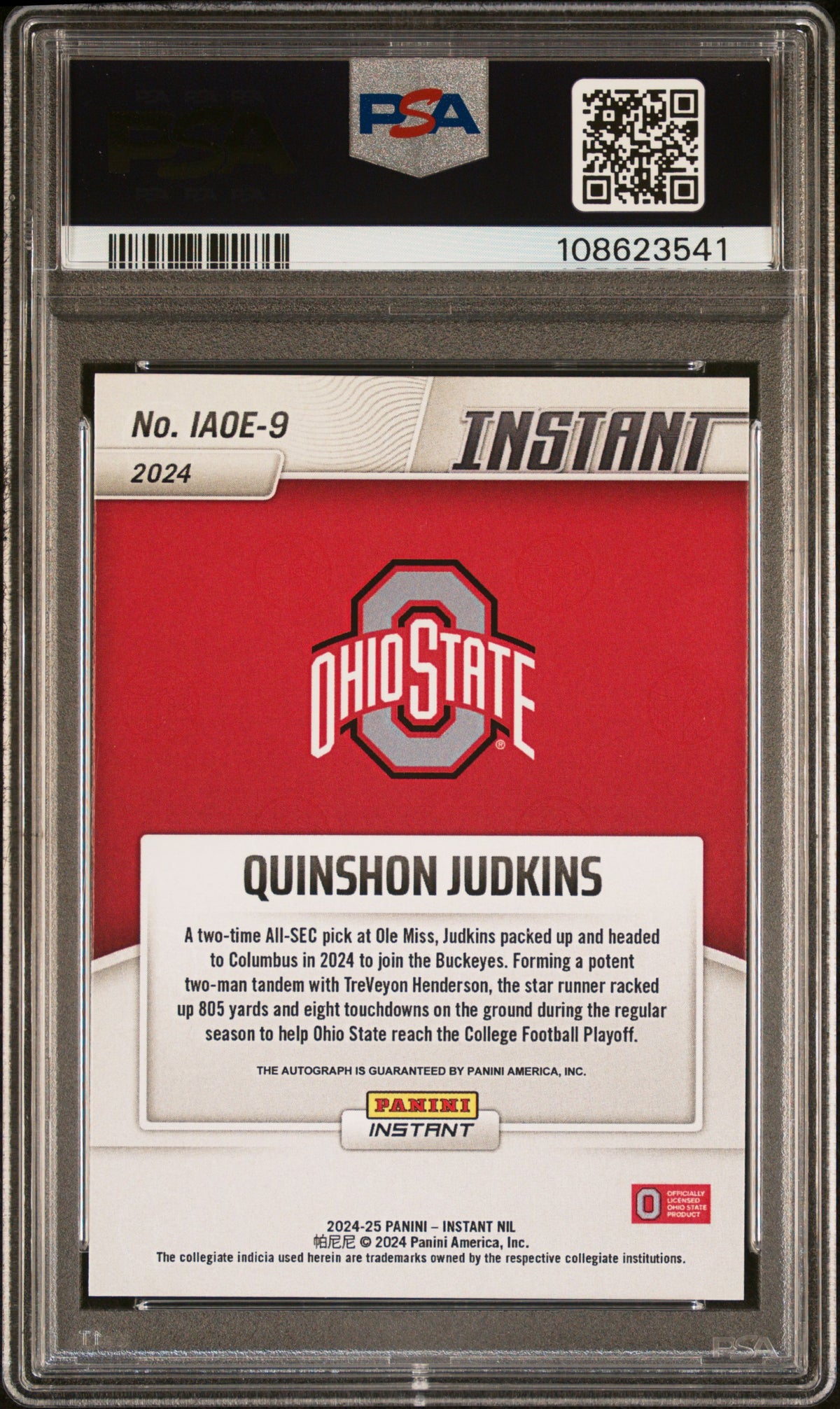 Quinshon Judkins 2024 Panini Instant Nil College Football Open Edition Autographs #IAOE9 PSA 10-2