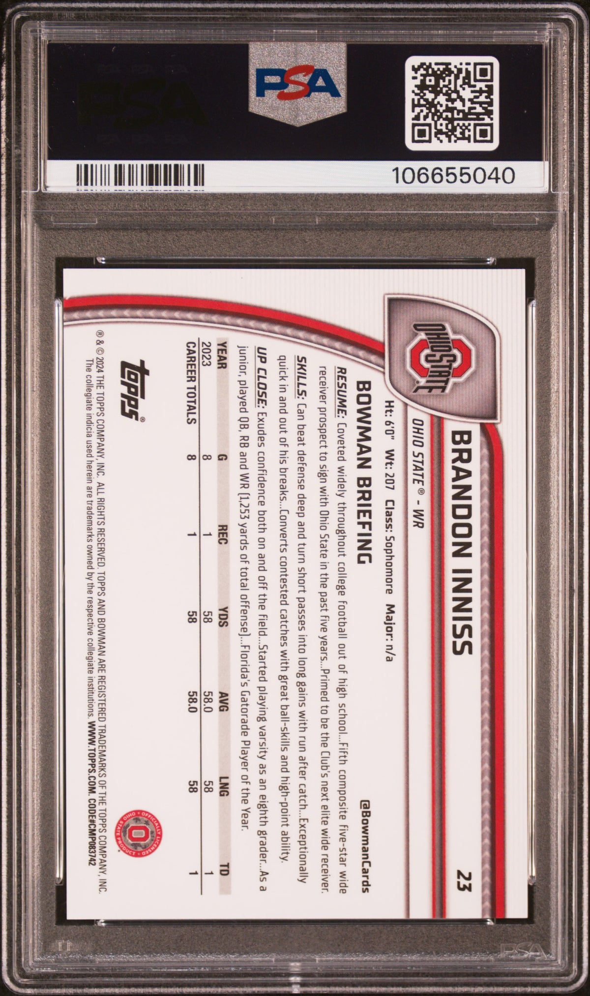 Brandon Inniss 2024 Bowman University Chrome Red Refractor 5/5 #23 PSA 9-2