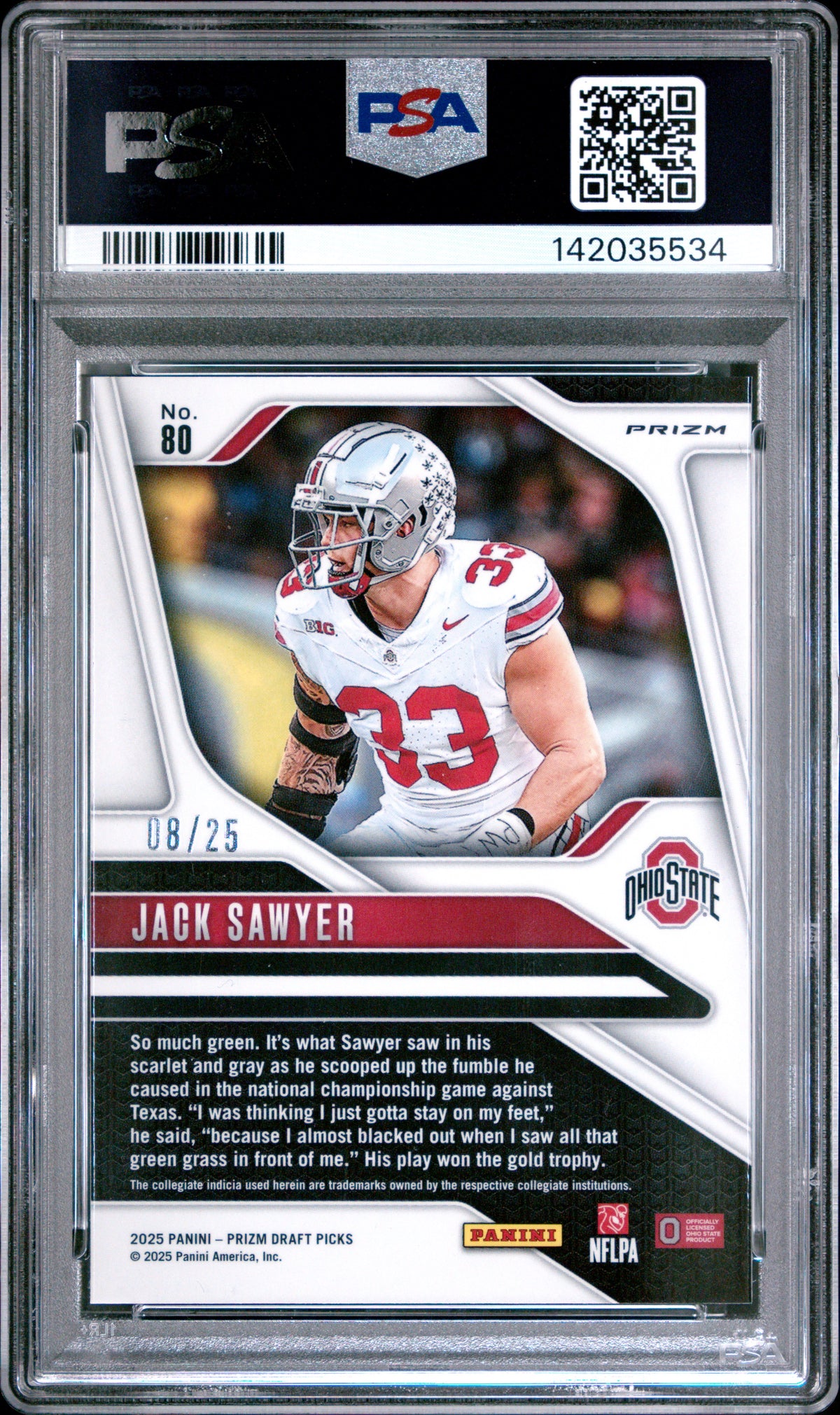 Jack Sawyer 2025 Panini Prizm Draft Picks Mojo Prizm 8/25 #80 PSA 10-2