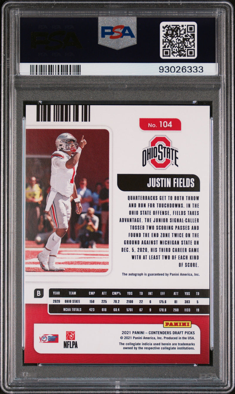 Justin Fields 2021 Panini Contenders Draft Picks Auto-Var.B-Cracked Ice 13/23 #104 PSA 9-2