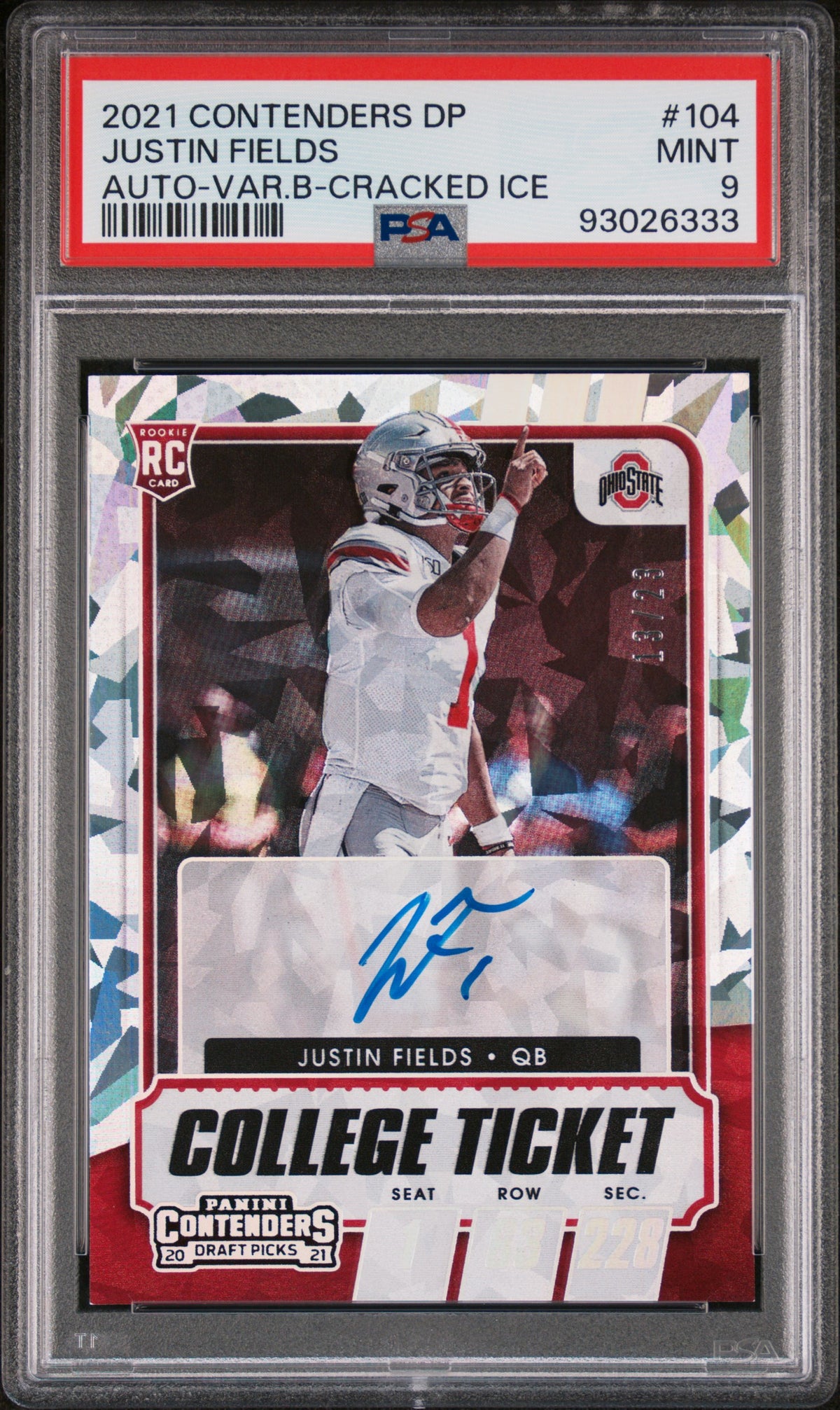 Justin Fields 2021 Panini Contenders Draft Picks Auto-Var.B-Cracked Ice 13/23 #104 PSA 9-1