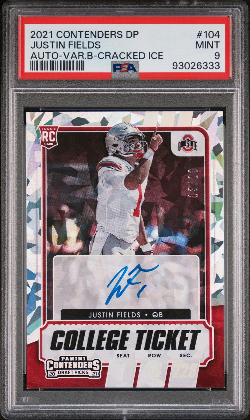 Justin Fields 2021 Panini Contenders Draft Picks Auto-Var.B-Cracked Ice 13/23 #104 PSA 9-1