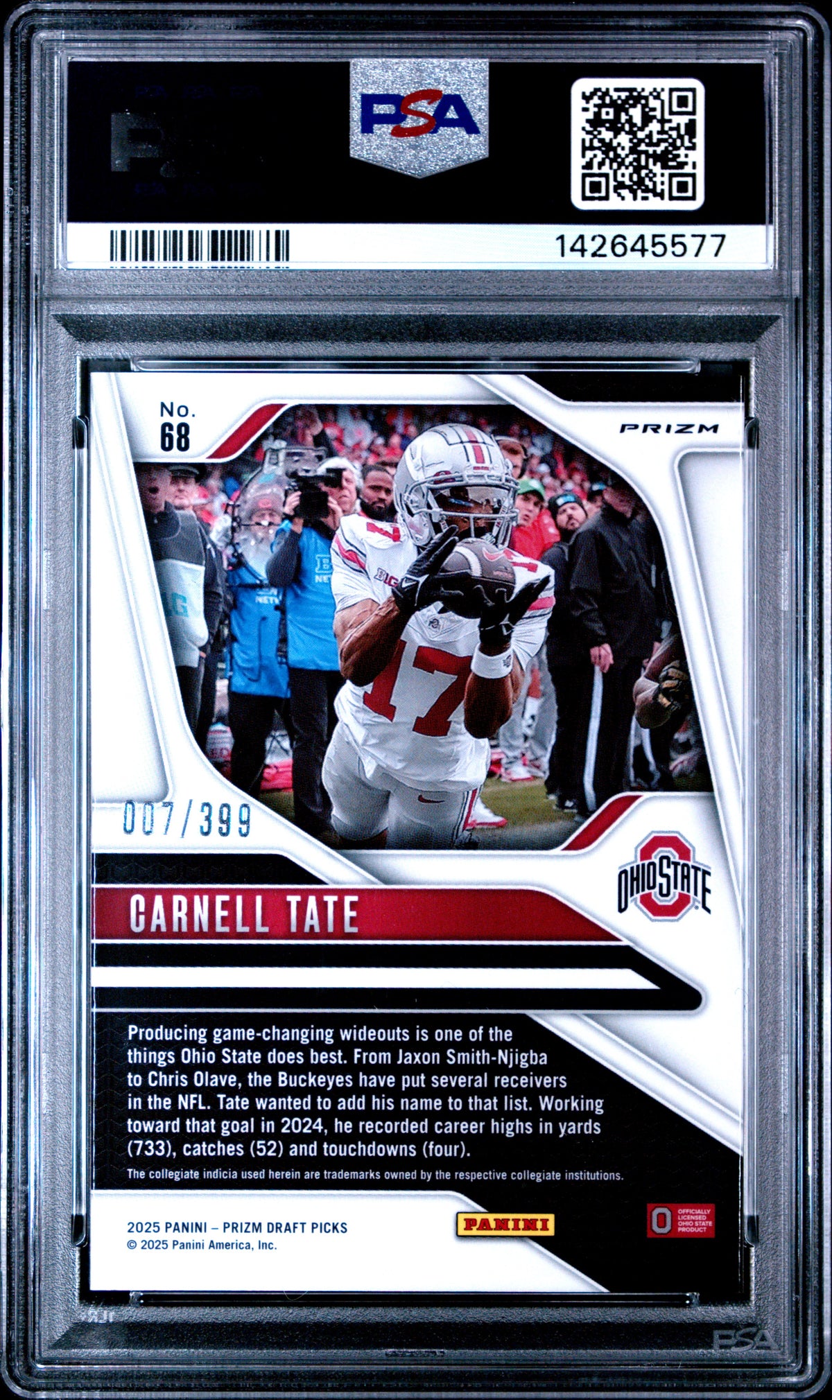 Carnell Tate 2025 Panini Prizm Draft Picks Red Prizm 7/399 #68 PSA 9-2