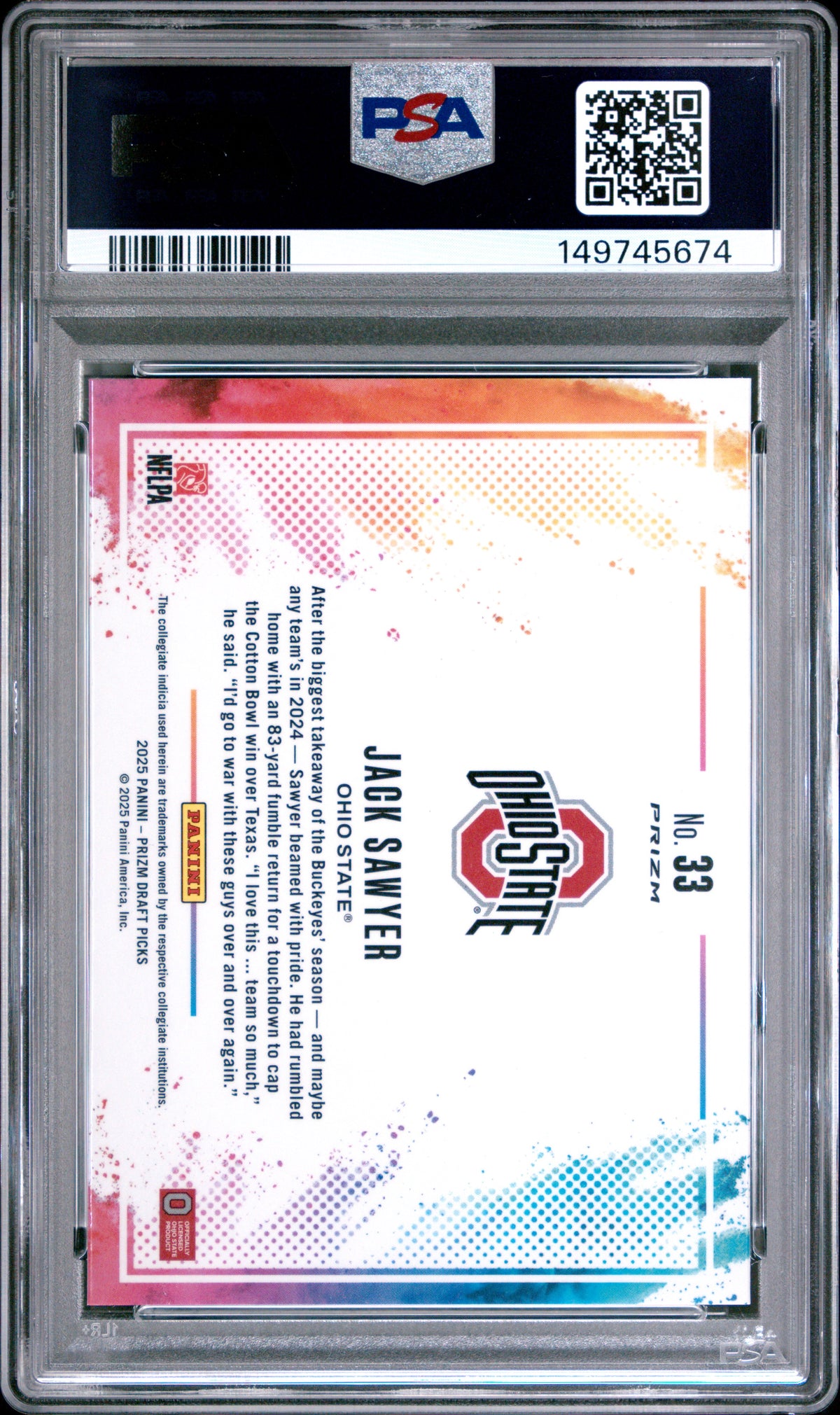 Jack Sawyer 2025 Panini Prizm Draft Picks Black Color Blast #33 PSA 9-2