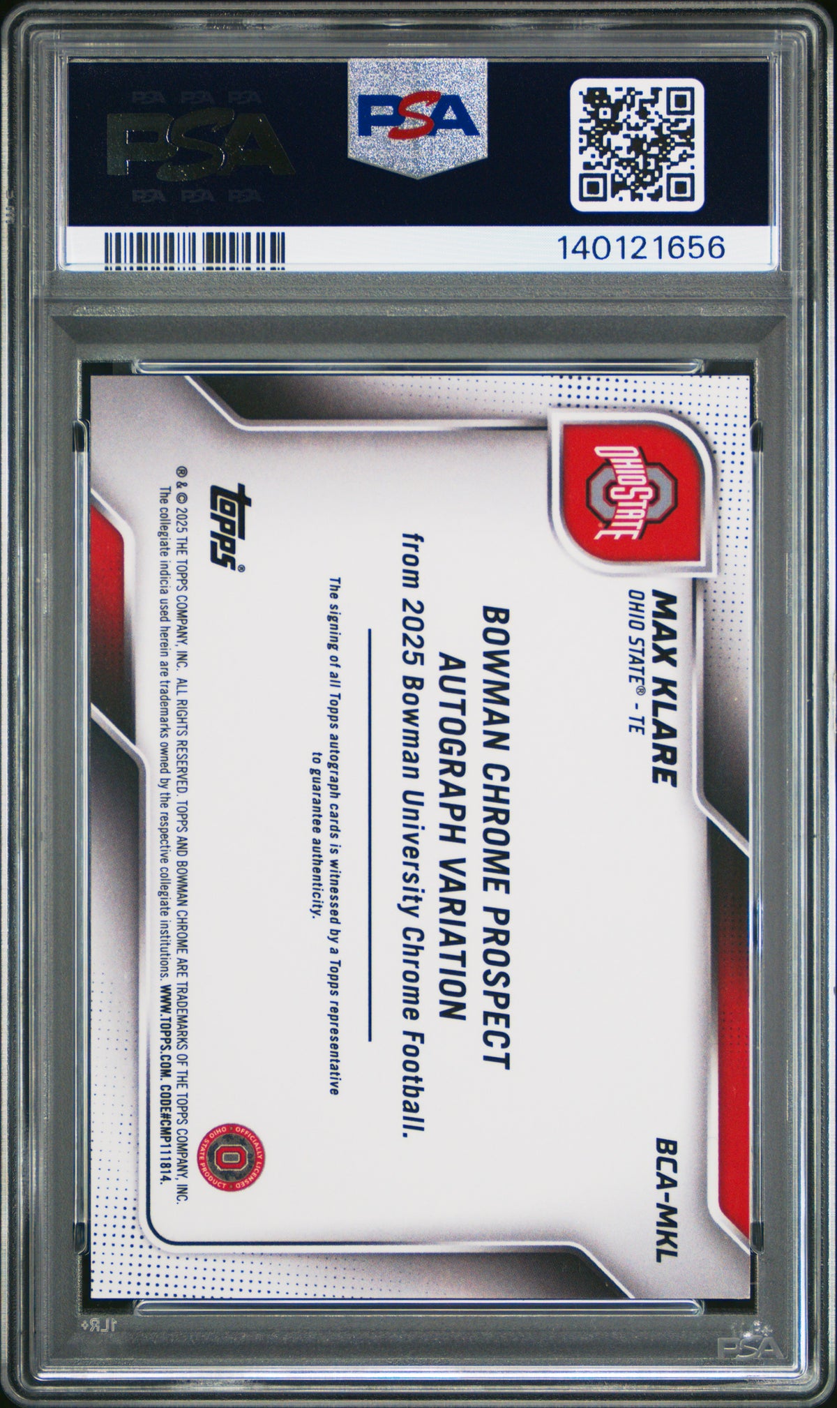 Max Klare 2025 Bowman University Chrome Sapphire Bowman Chrome Prospect Autographs #MKL PSA 9-2