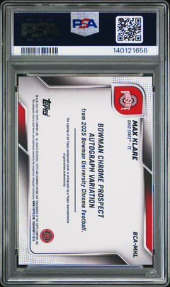 Max Klare 2025 Bowman University Chrome Sapphire Bowman Chrome Prospect Autographs #MKL PSA 9-2