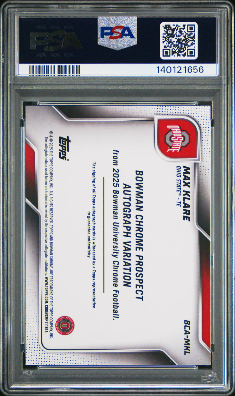 Max Klare 2025 Bowman University Chrome Sapphire Bowman Chrome Prospect Autographs #MKL PSA 9-2