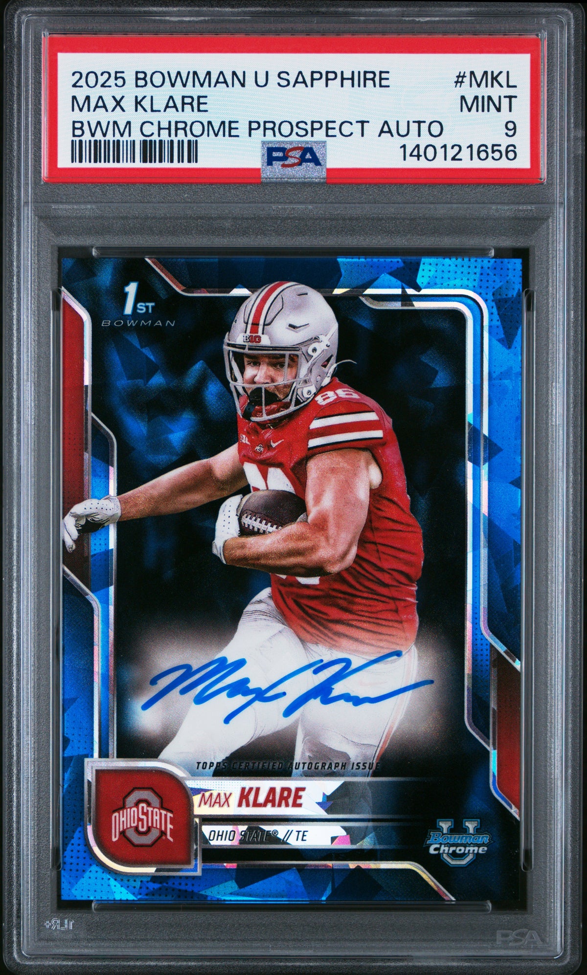 Max Klare 2025 Bowman University Chrome Sapphire Bowman Chrome Prospect Autographs #MKL PSA 9-1