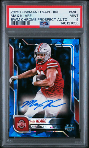 Max Klare 2025 Bowman University Chrome Sapphire Bowman Chrome Prospect Autographs #MKL PSA 9