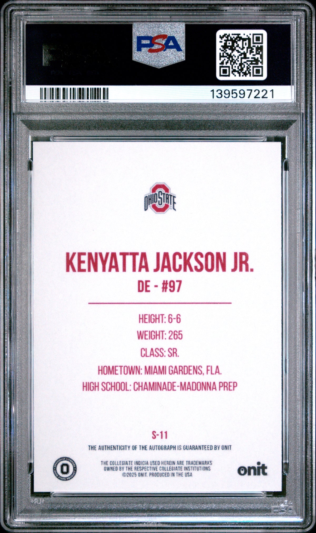 Kenyatta Jackson Jr. 2025 Onit Ohio State University Signatures #S-11 PSA 9-2