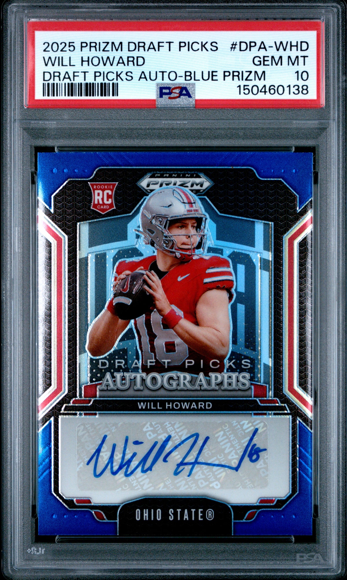Will Howard 2025 Panini Prizm Draft Picks Autographs Draft Picks Auto-Blue Prizm 28/75 #DPA-WHD PSA 10
