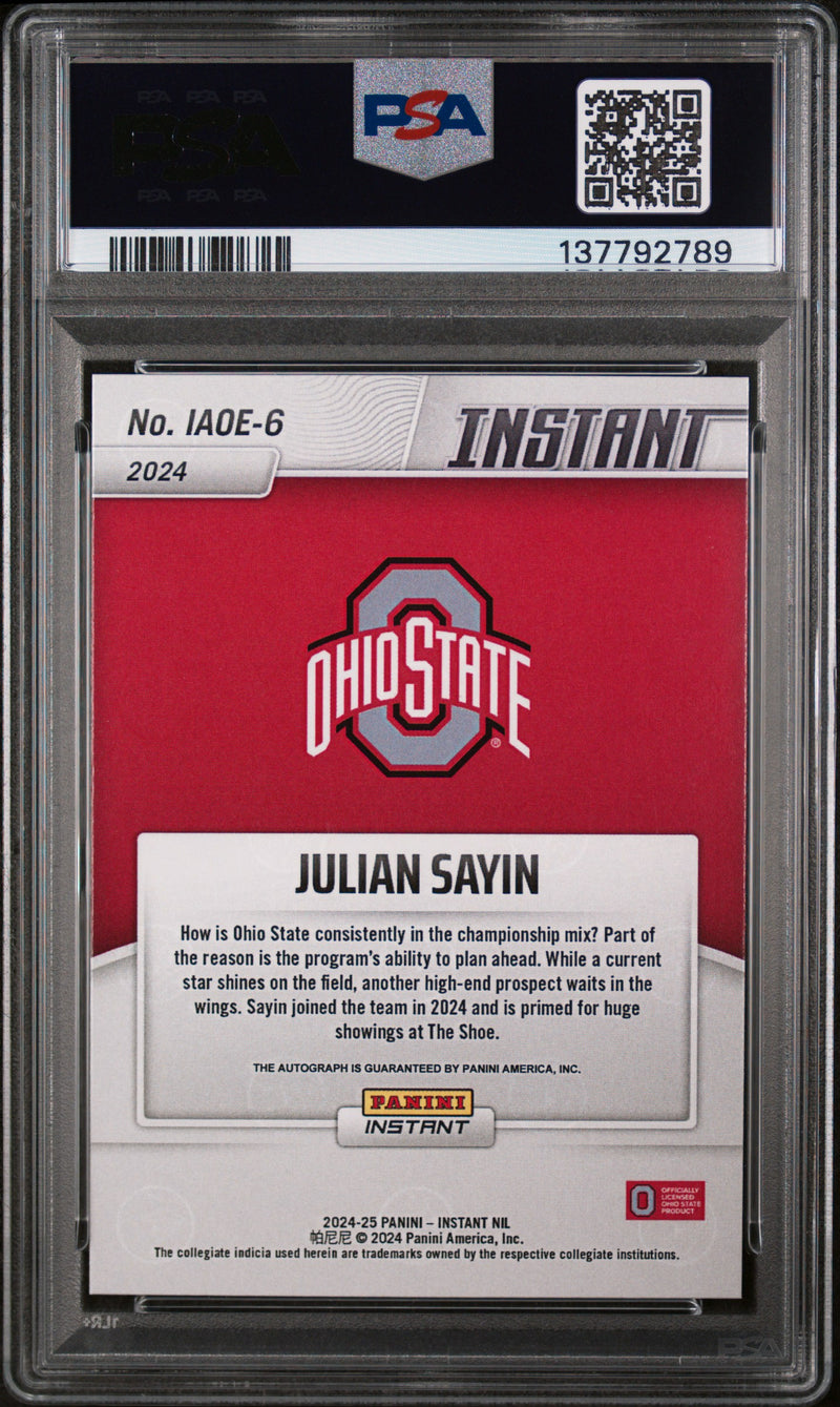 Julian Sayin 2024 Panini Instant Nil College Football Open Edition Autographs #IAOE6 PSA 10-2