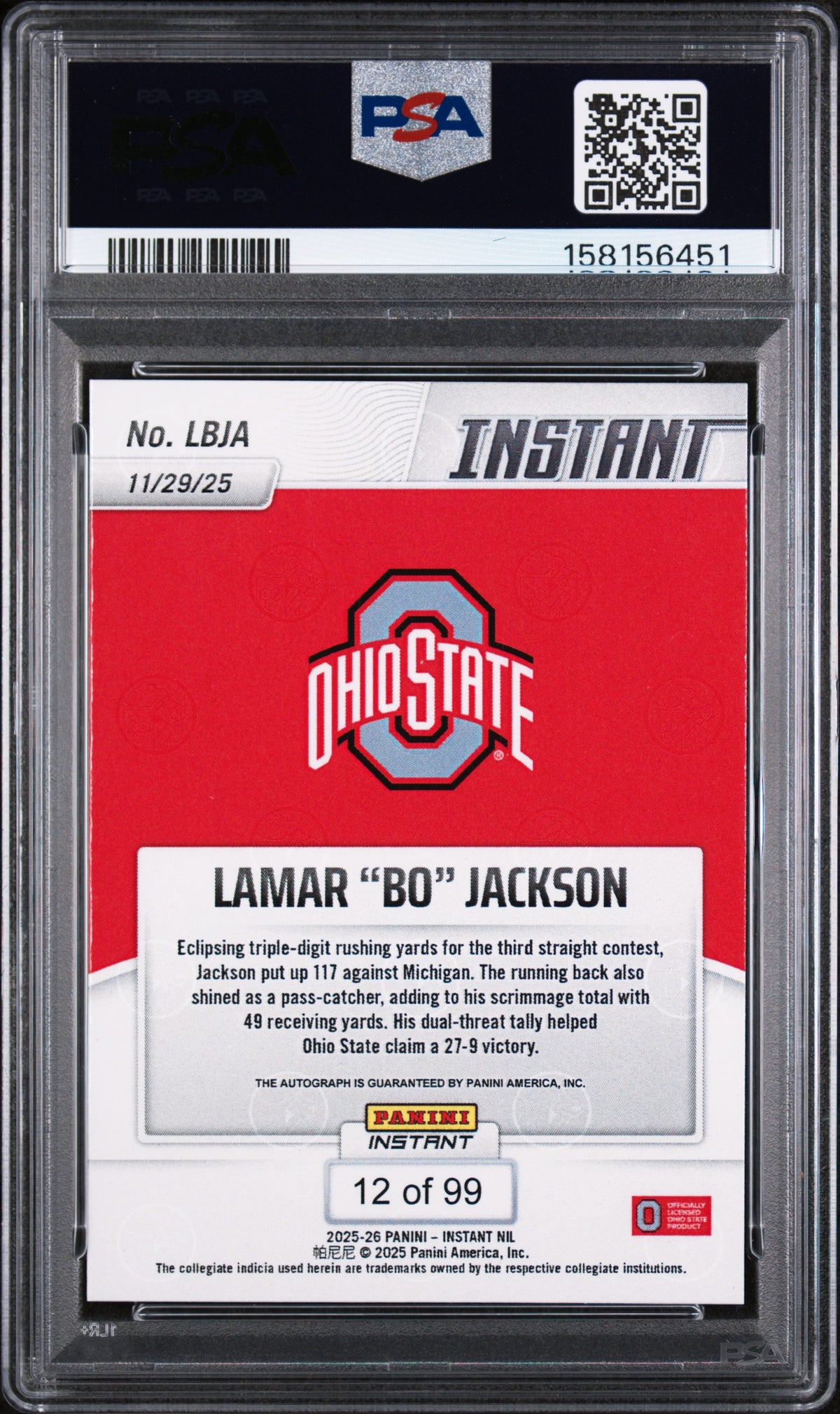 Lamar "Bo" Jackson 2025 Panini Instant Nil College Football Autograph 12/99 #LBJA PSA 10-2
