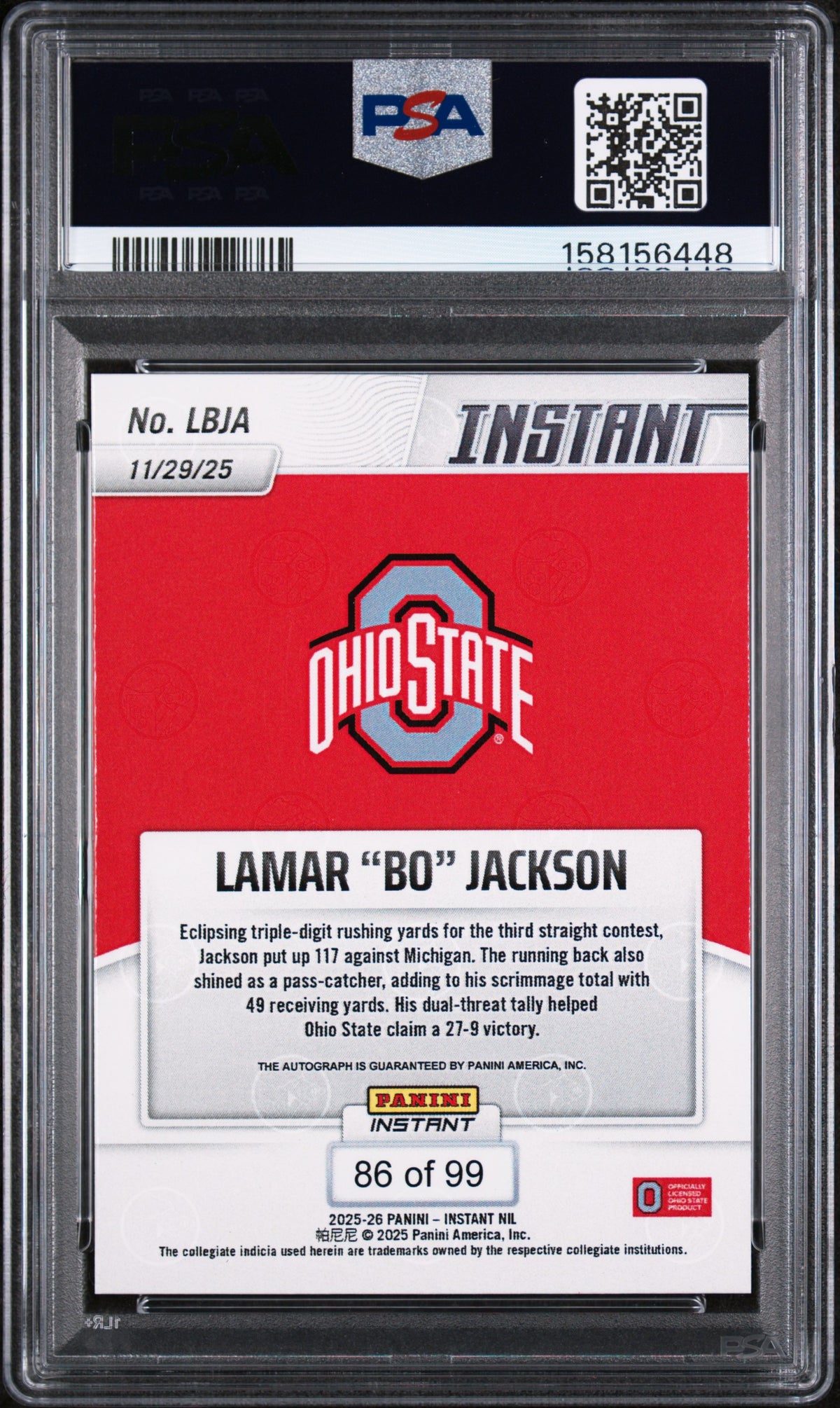 Lamar "Bo" Jackson 2025 Panini Instant Nil College Football Autograph 86/99 #LBJA PSA 10-2