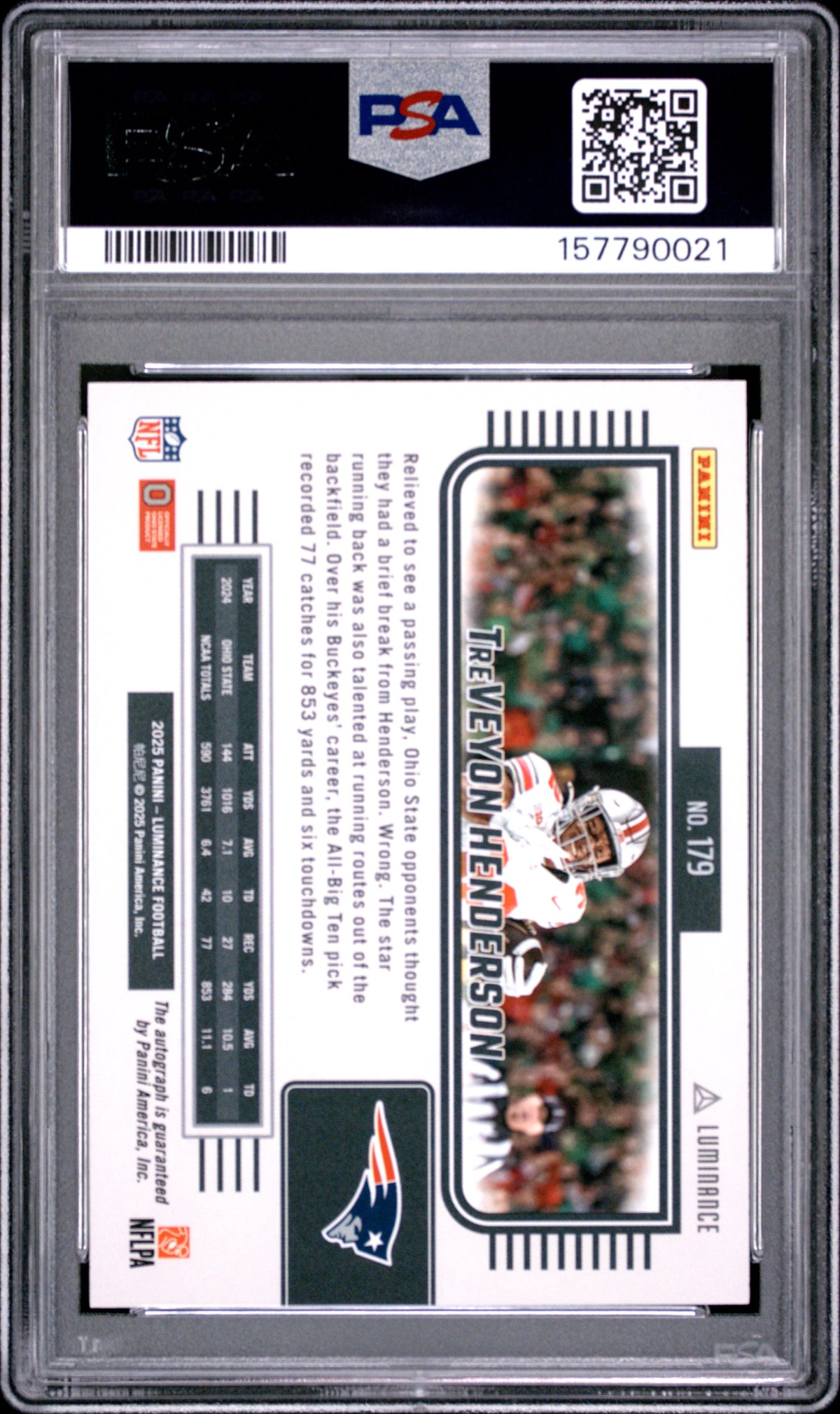 Treveyon Henderson 2025 Panini Luminance Autograph 156/700 #179 PSA 10-2