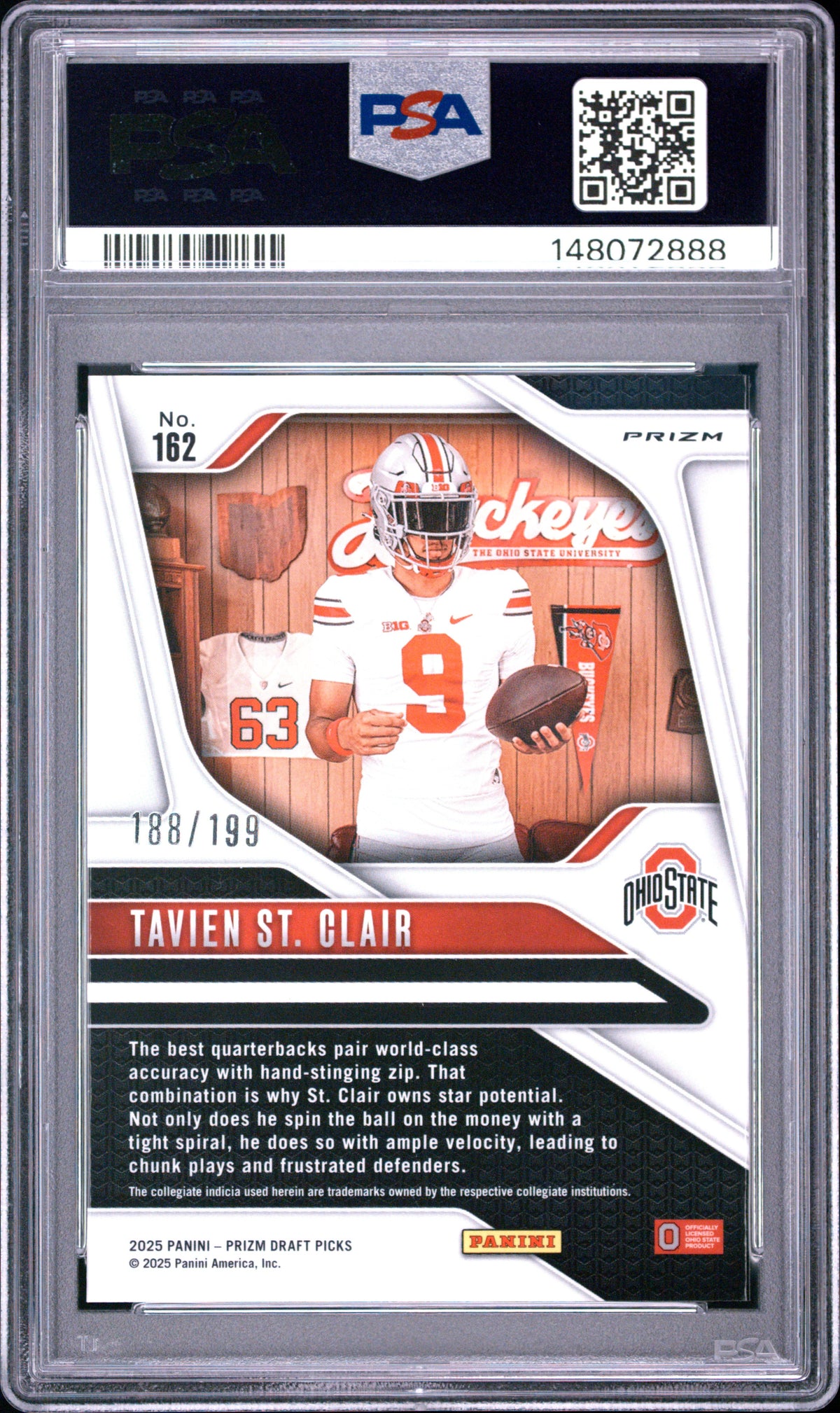 Tavien St. Clair 2025 Panini Prizm Draft Picks Purple Ice 188/199 #162 PSA 9-2