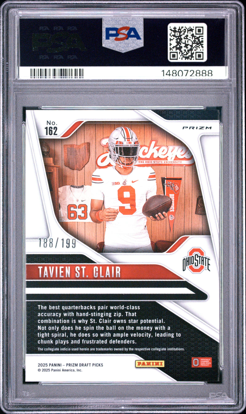 Tavien St. Clair 2025 Panini Prizm Draft Picks Purple Ice 188/199 #162 PSA 9-2