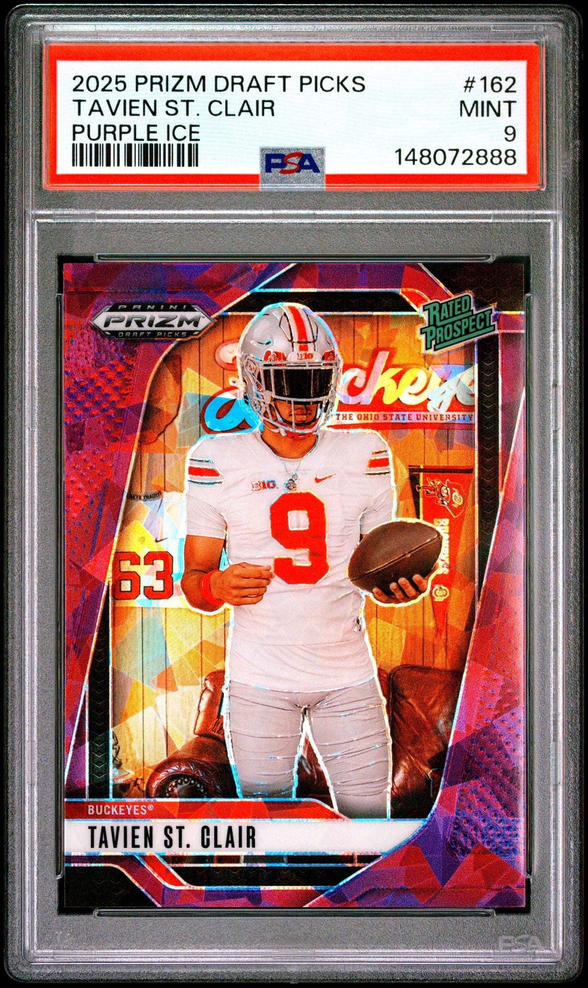 Tavien St. Clair 2025 Panini Prizm Draft Picks Purple Ice 188/199 #162 PSA 9-1