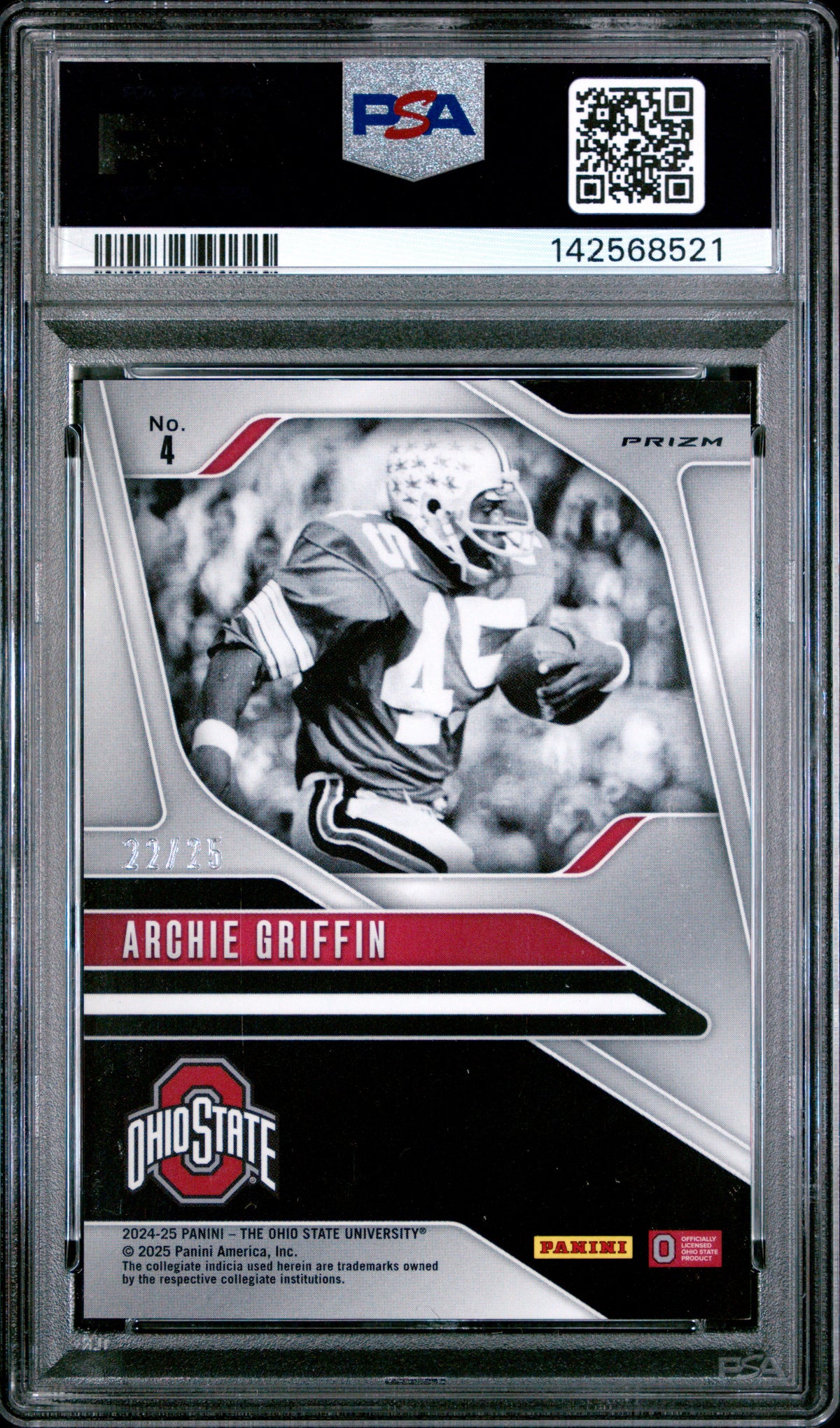 Archie Griffin 2024 Panini The Ohio State University Nil Prizm Prizm-Silver Vinyl 22/25 #4 PSA 8-2