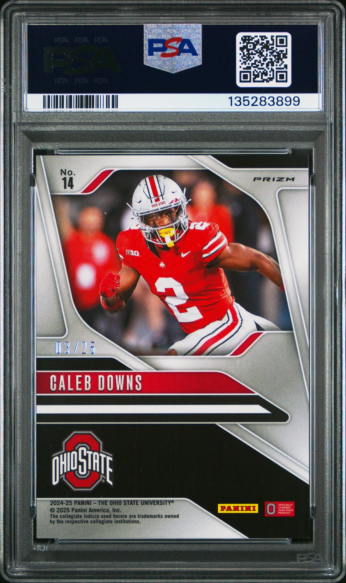 Caleb Downs 2024 Panini The Ohio State University Nil Prizm Prizm-Silver Vinyl 3/25 #14 PSA 10-2