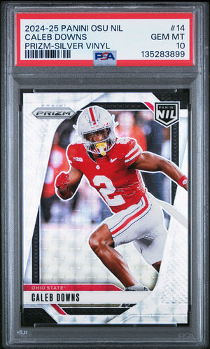 Caleb Downs 2024 Panini The Ohio State University Nil Prizm Prizm-Silver Vinyl 3/25 #14 PSA 10