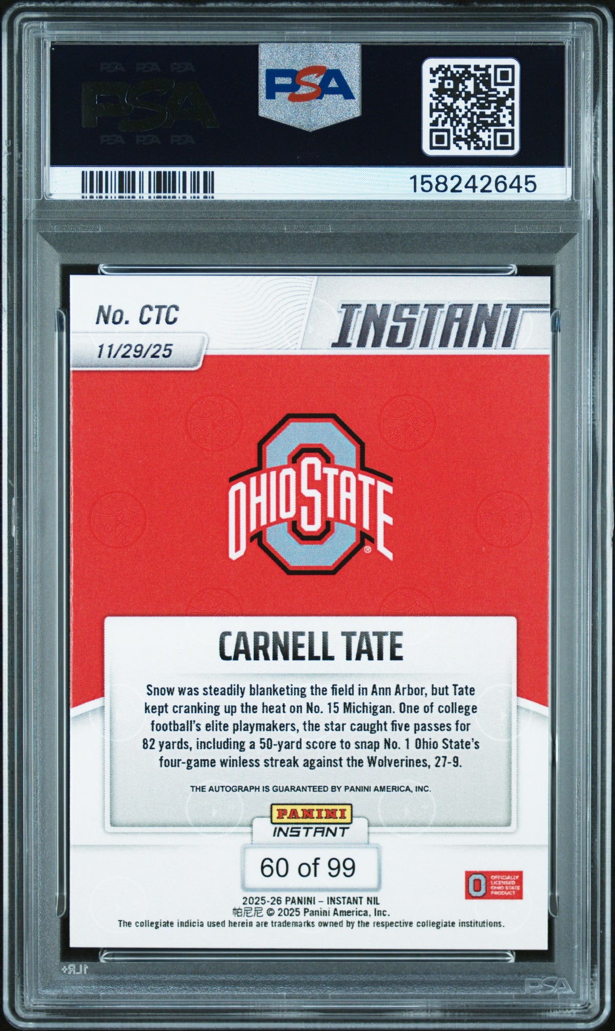 Carnell Tate 2025 Panini Instant Nil College Football Autograph 60/99 #CTC PSA 9-2