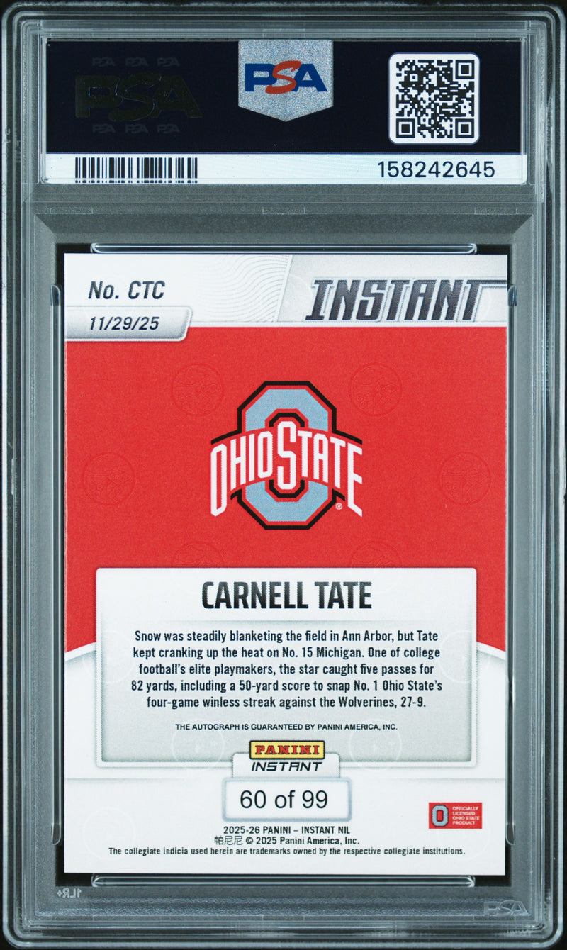 Carnell Tate 2025 Panini Instant Nil College Football Autograph 60/99 #CTC PSA 9-2