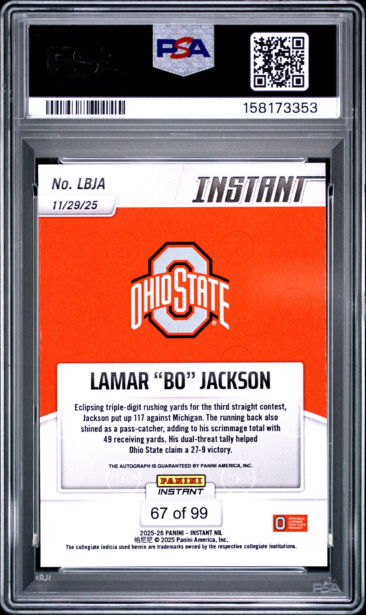 Lamar "Bo" Jackson 2025 Panini Instant Nil College Football Autograph 67/99 #LBJA PSA 9-2