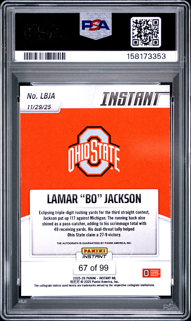 Lamar "Bo" Jackson 2025 Panini Instant Nil College Football Autograph 67/99 #LBJA PSA 9-2