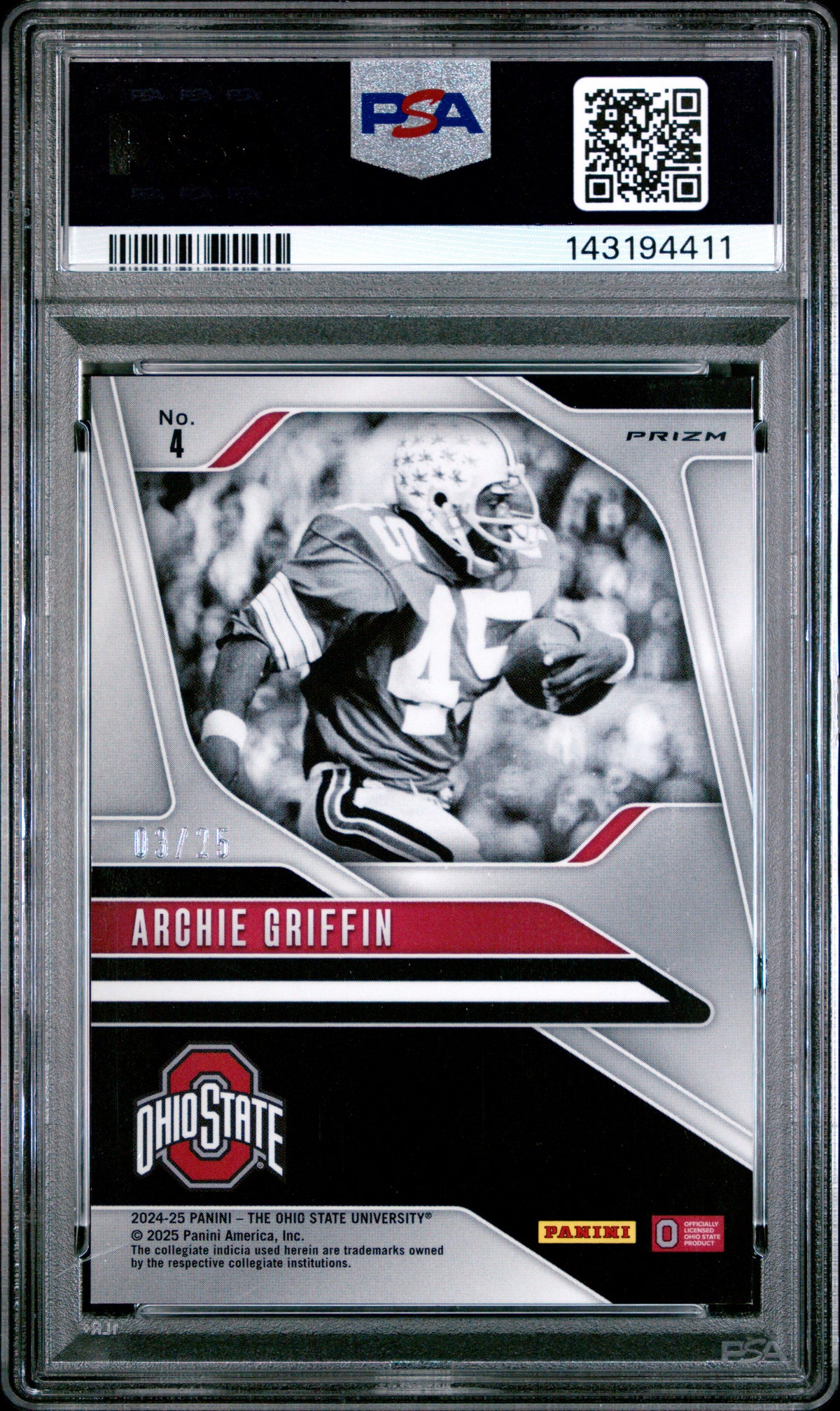 Archie Griffin 2024 Panini The Ohio State University Nil Prizm Prizm-Silver Vinyl 3/25 #4 PSA 9-2
