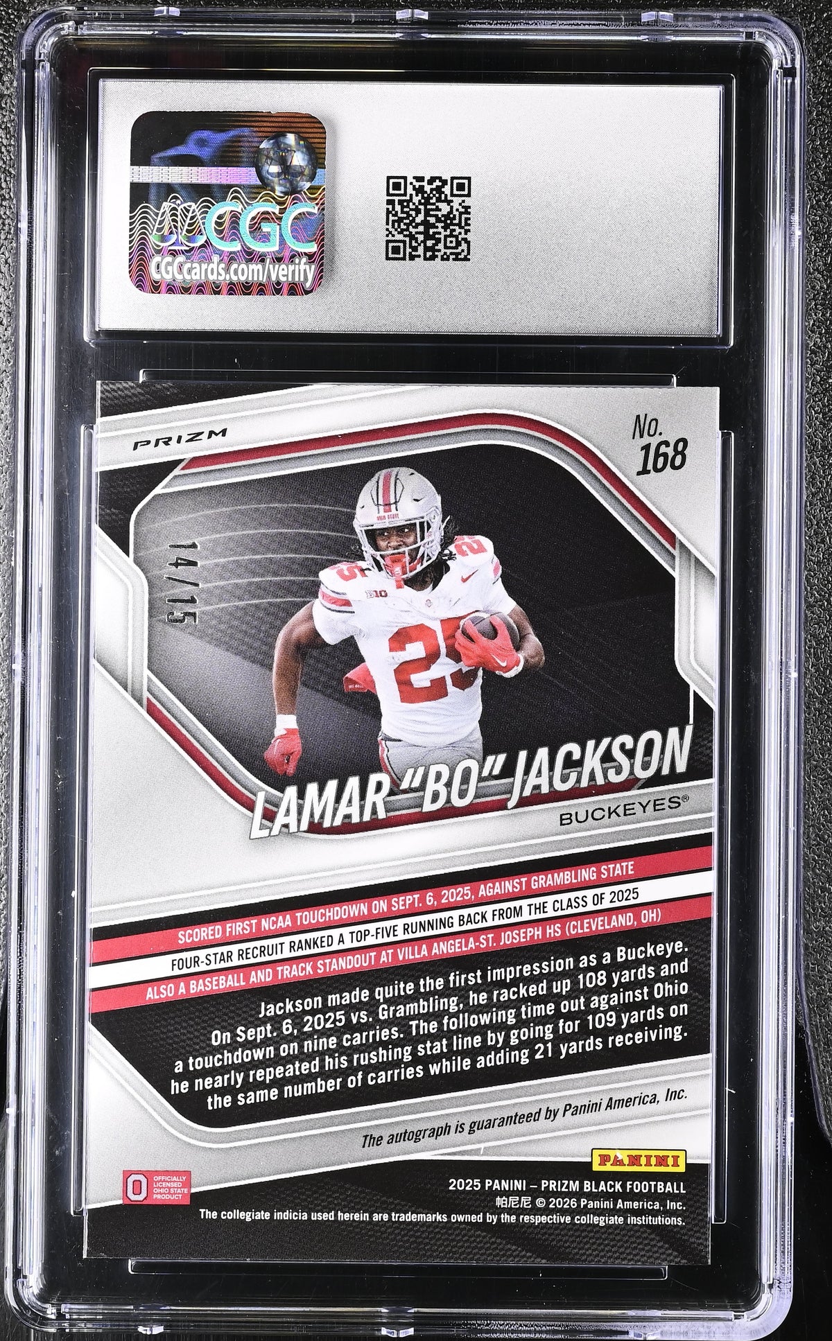Lamar "Bo" Jackson Blue Shimmer FOTL 2025 Prizm Black Autographs 14/15 #168 CGC 9.5 Auto 10-2