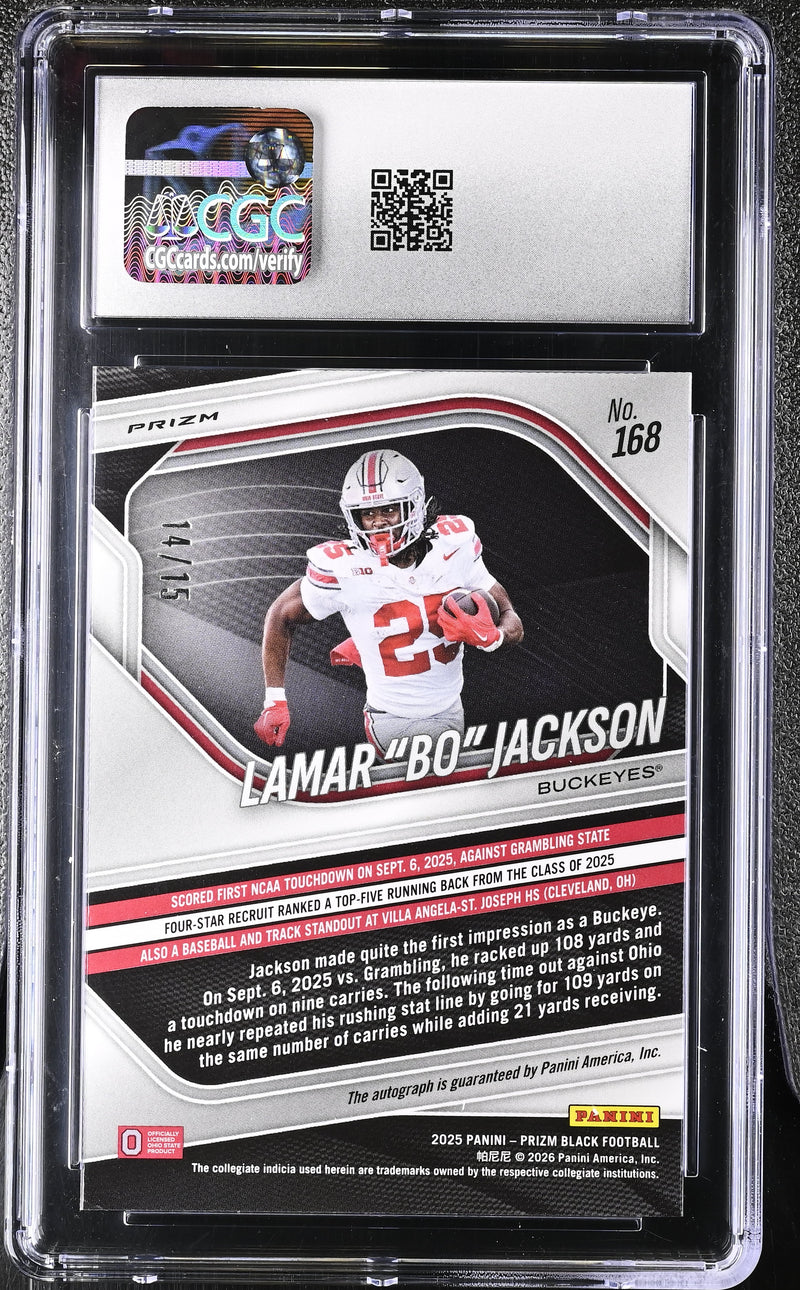 Lamar "Bo" Jackson Blue Shimmer FOTL 2025 Prizm Black Autographs 14/15 #168 CGC 9.5 Auto 10-2