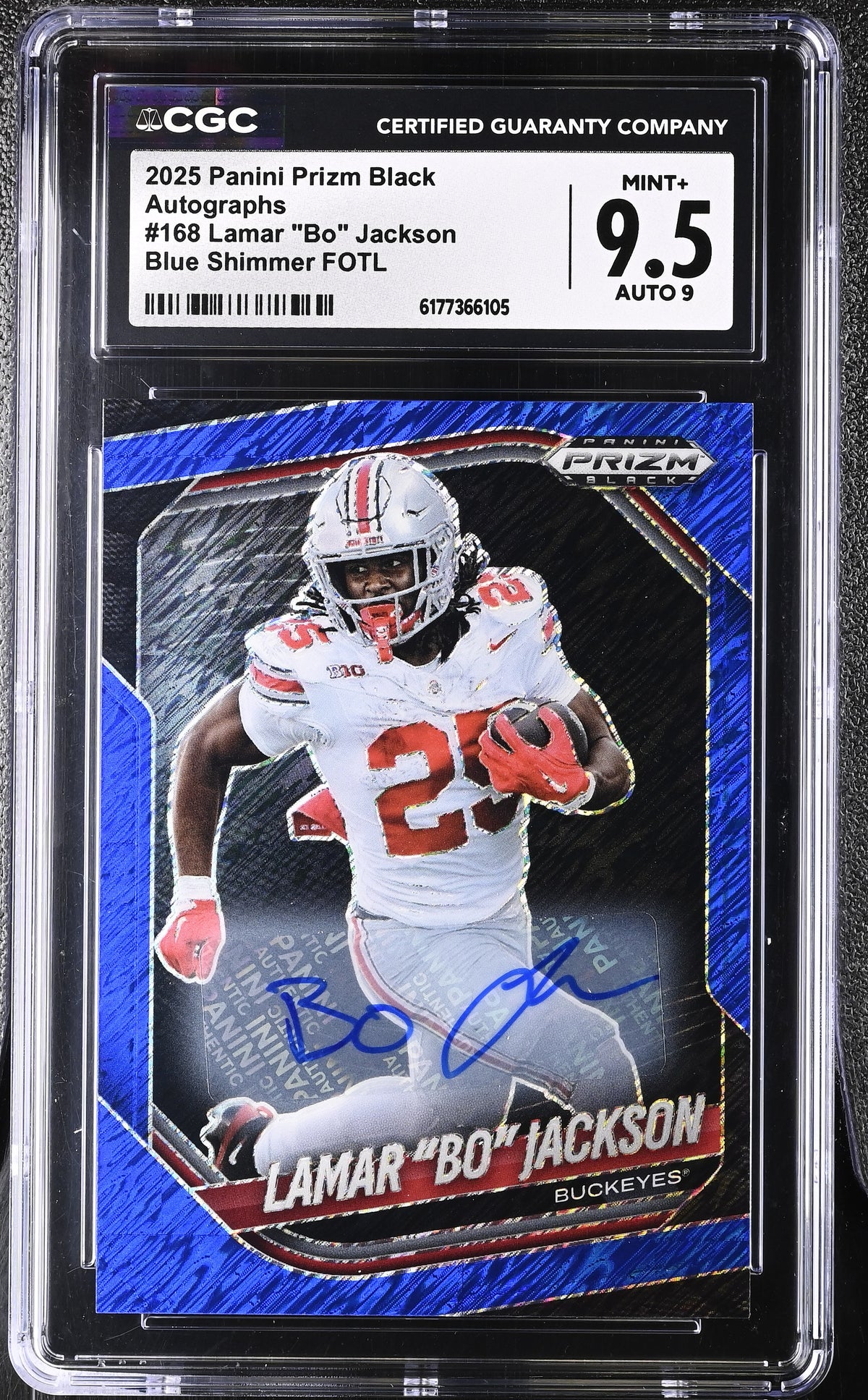 Lamar "Bo" Jackson Blue Shimmer FOTL 2025 Prizm Black Autographs 14/15 #168 CGC 9.5 Auto 10-1