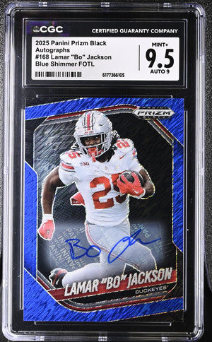 Lamar "Bo" Jackson Blue Shimmer FOTL 2025 Prizm Black Autographs 14/15 #168 CGC 9.5 Auto 10